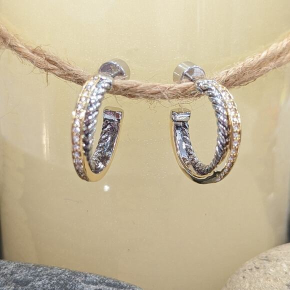 GOLD SILVER Two Tone Sparkle Twisted Rope Hoop Earrings - Picture 15 of 16